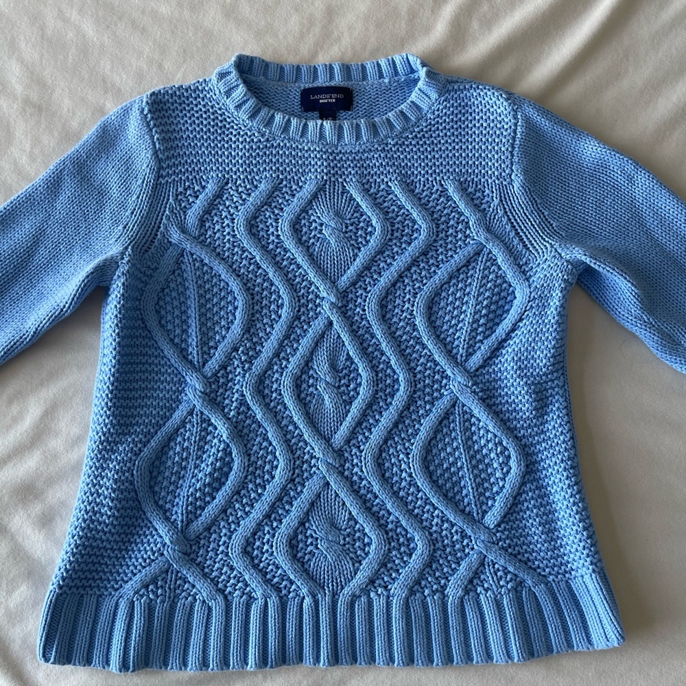 Lands' End Women's Blue Cotton Cable Knit Textured Sweater